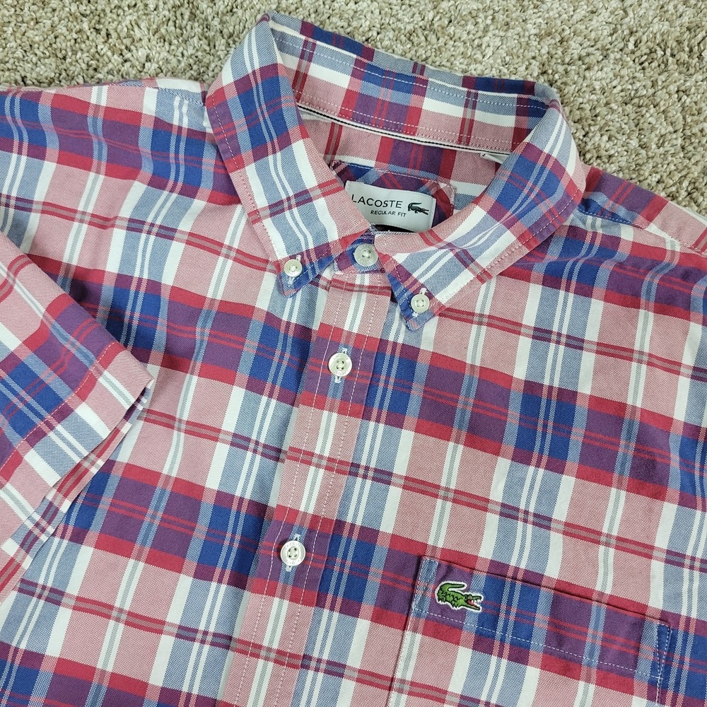 Lacoste‎ Mens Large Red White Blue Plaid Button Down Short Sleeve
